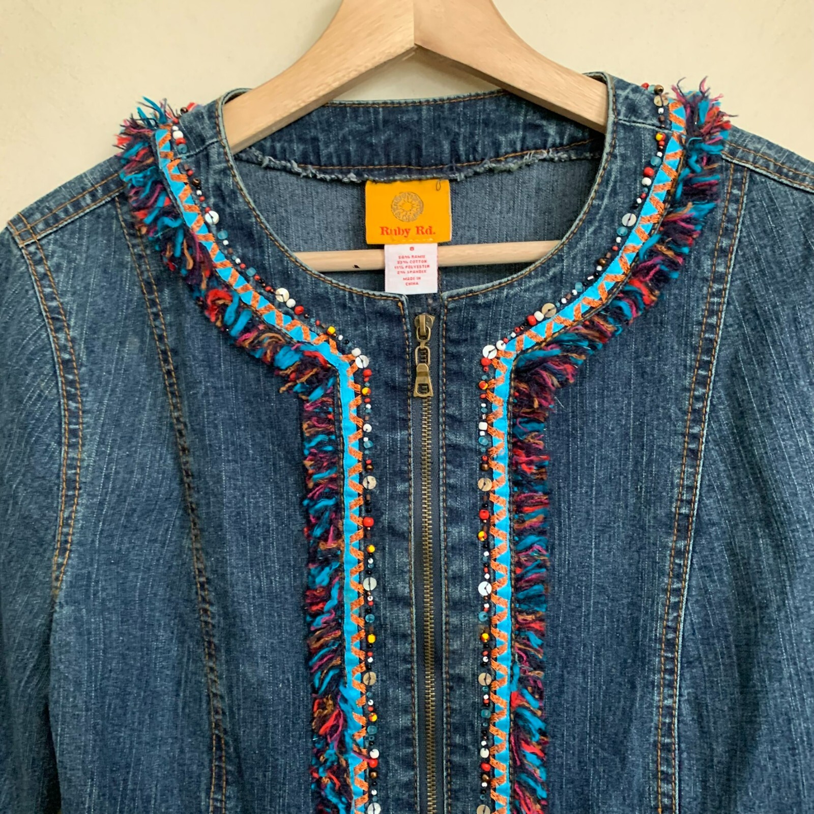 Ruby Rd Jacket Blue Denim Collarless Multi Bead T… - image 4