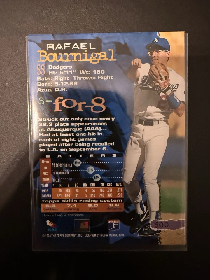 1994 Topps Stadium Club 1st Day Issue #500 Rafael Bournigal Red Foil Lettering - Image 2 of 2