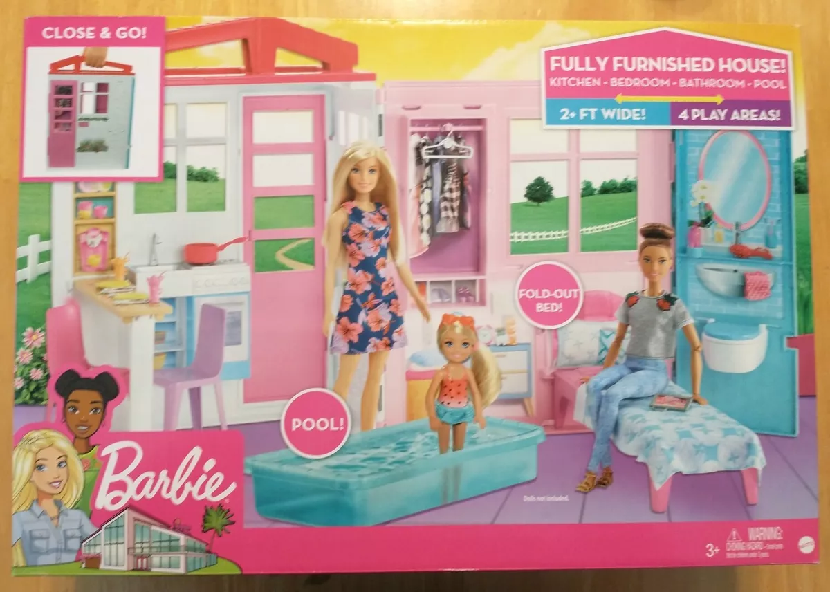 Barbie Portable 1-Story Toy Play Set Dollhouse with Doll, Pool, & Furniture