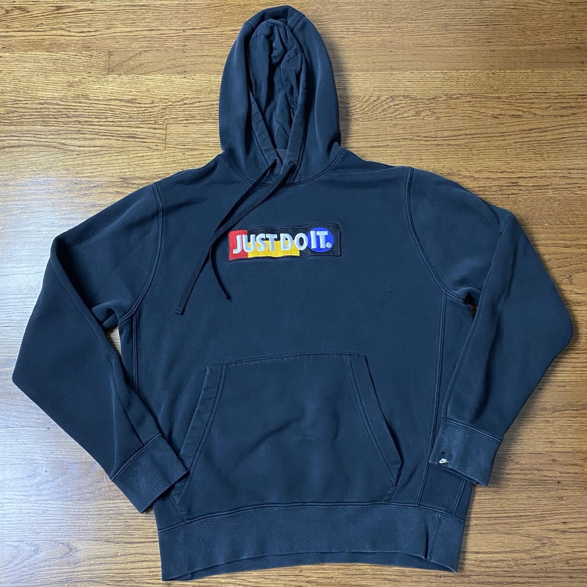 Vintage Nike JUST DO IT Spell Out Black Hoodie Multicolor Patch
