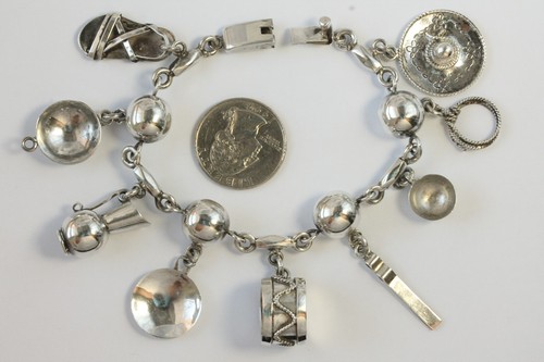 Vintage Artisan Handcrafted Sterling Silver Loaded Charm Bracelet 7" 35gr Lot - Picture 8 of 12