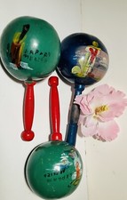 Vintage Lot of 3 Mexican Maracas Gourds Rumba Shakers Handmade Hand Painted