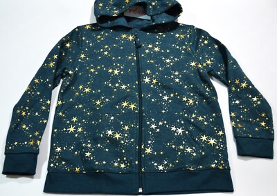 Cat & Jack Girls Youth Zip Up Fleece Hoodie Jacket XXL 18 Teal Green Gold Stars