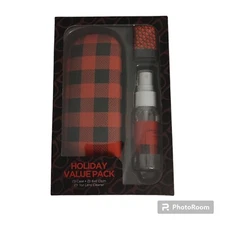 New Glasses Case Gift Set Red Black Plaid Case, Cleaning Cloth and Lens Cleaner