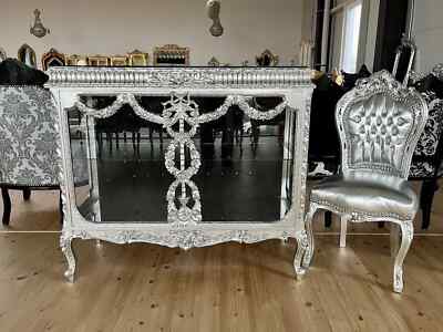 Vitrine French Baroque Antique Style Showcase with Marble Top Silver Black Decor