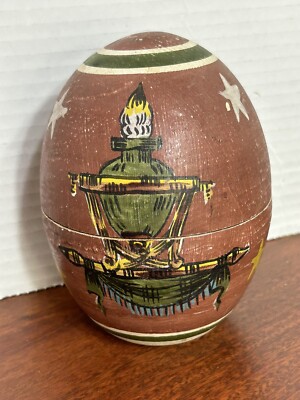 Vintage Hand Painted Wooden Egg With Matching Lid