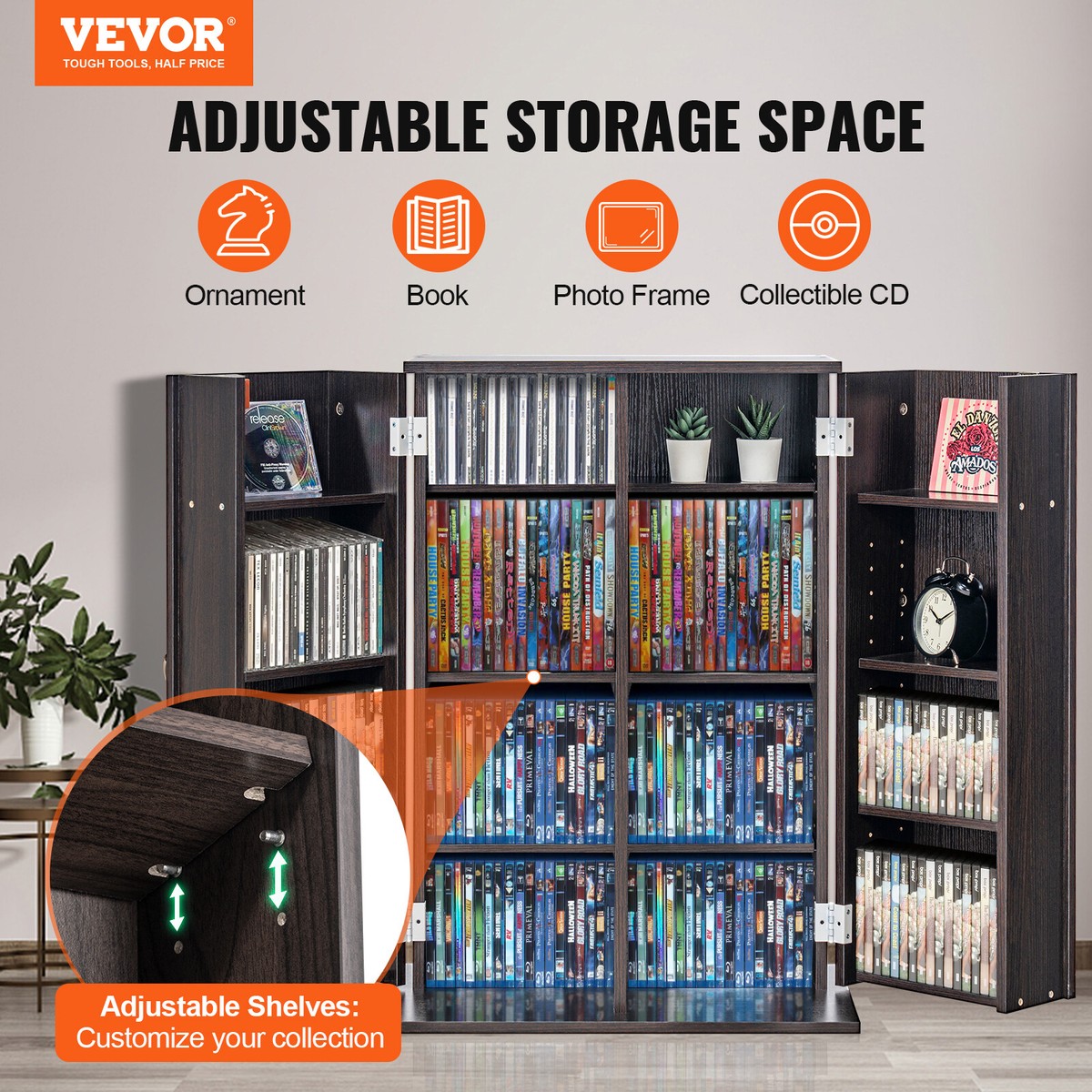 VEVOR Media Storage Cabinet 4 Layers Adjustable DVD Shelves 576