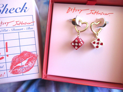 BETSEY JOHNSON  Authentic Red White  Dice Huggie Heart Drop Earrings NIB