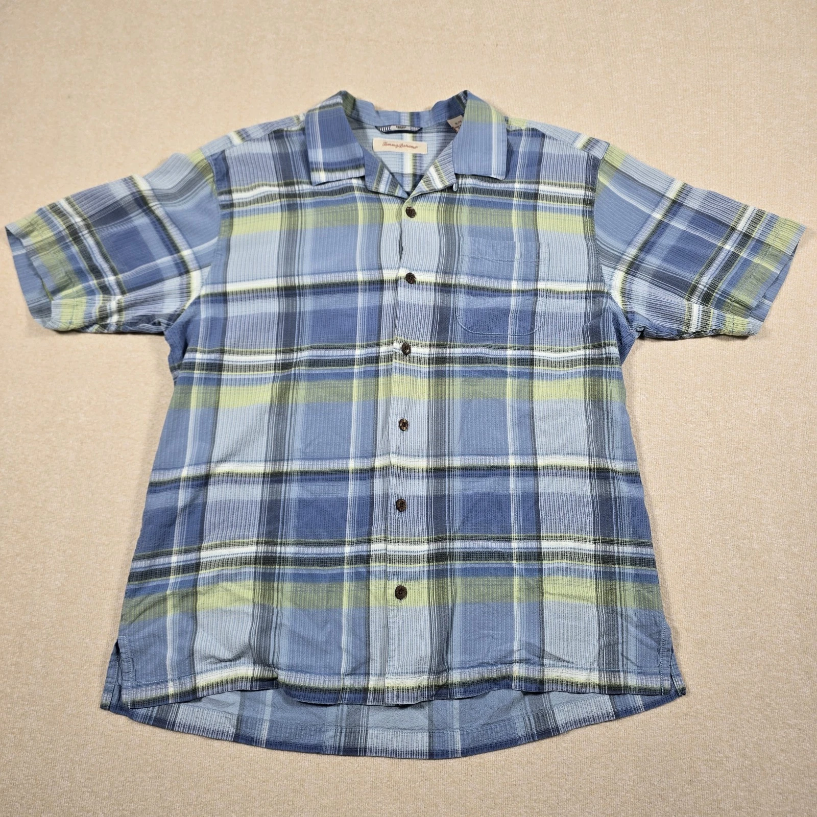 Tommy Bahama Plaid Silk Camp Shirt Blue Green Mens XL TG
