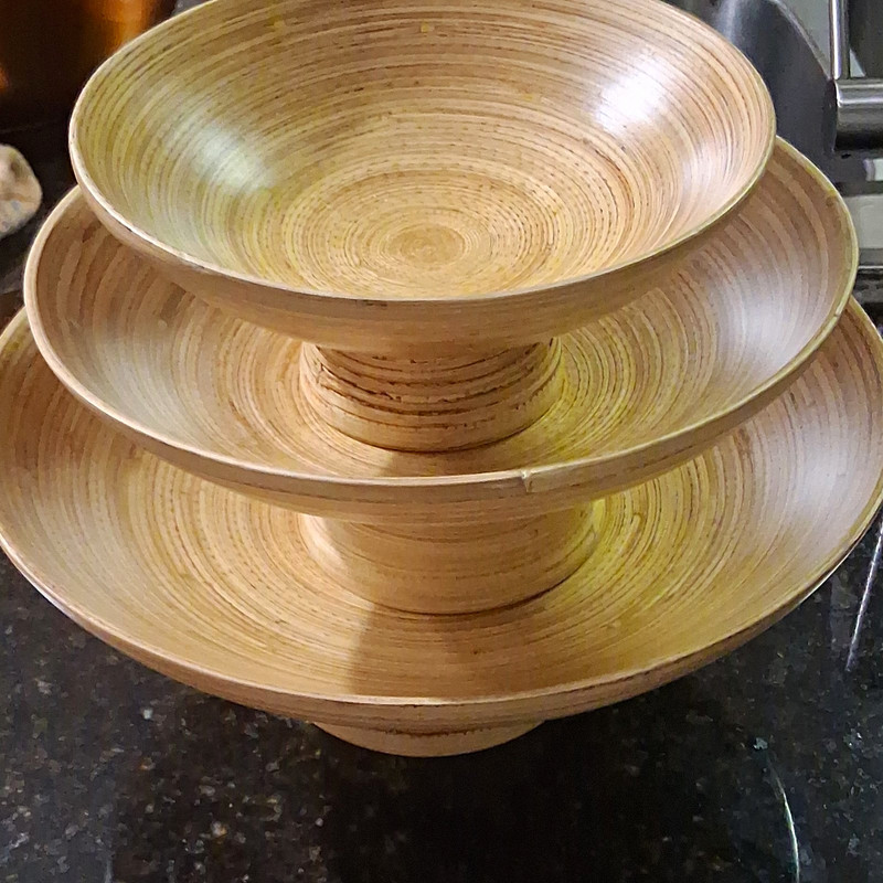 3 Tier Tiered Wood Fruit Bowl Stand, Brown Matte Solid, 9 in