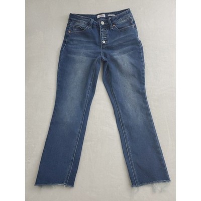 Royalty For Me Womens 4 High Rise Straight Jeans Blue Denim Button Fly Raw Hem