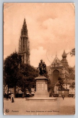 1913 Antwerp Belgium Place Verte Cathedral Rubens Statue Postcard Nels