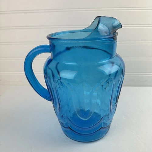 Vintage Anchor Hocking Colonial Blue Aqua Tulip Ice Lip Water Tea Glass Pitcher
