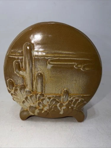Frankoma #4 Ceramic Desert Cactus Saguaro Scene Round Vase Plainsman Brown