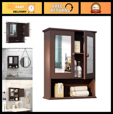 Brown Bathroom Medicine Cabinet with Mirror, 2 Doors, Wall-Mounted Storage