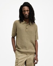 Image of AllSaints Men's Beige Knit Polo Shirt Striped Short Sleeve Collared Size UK XS