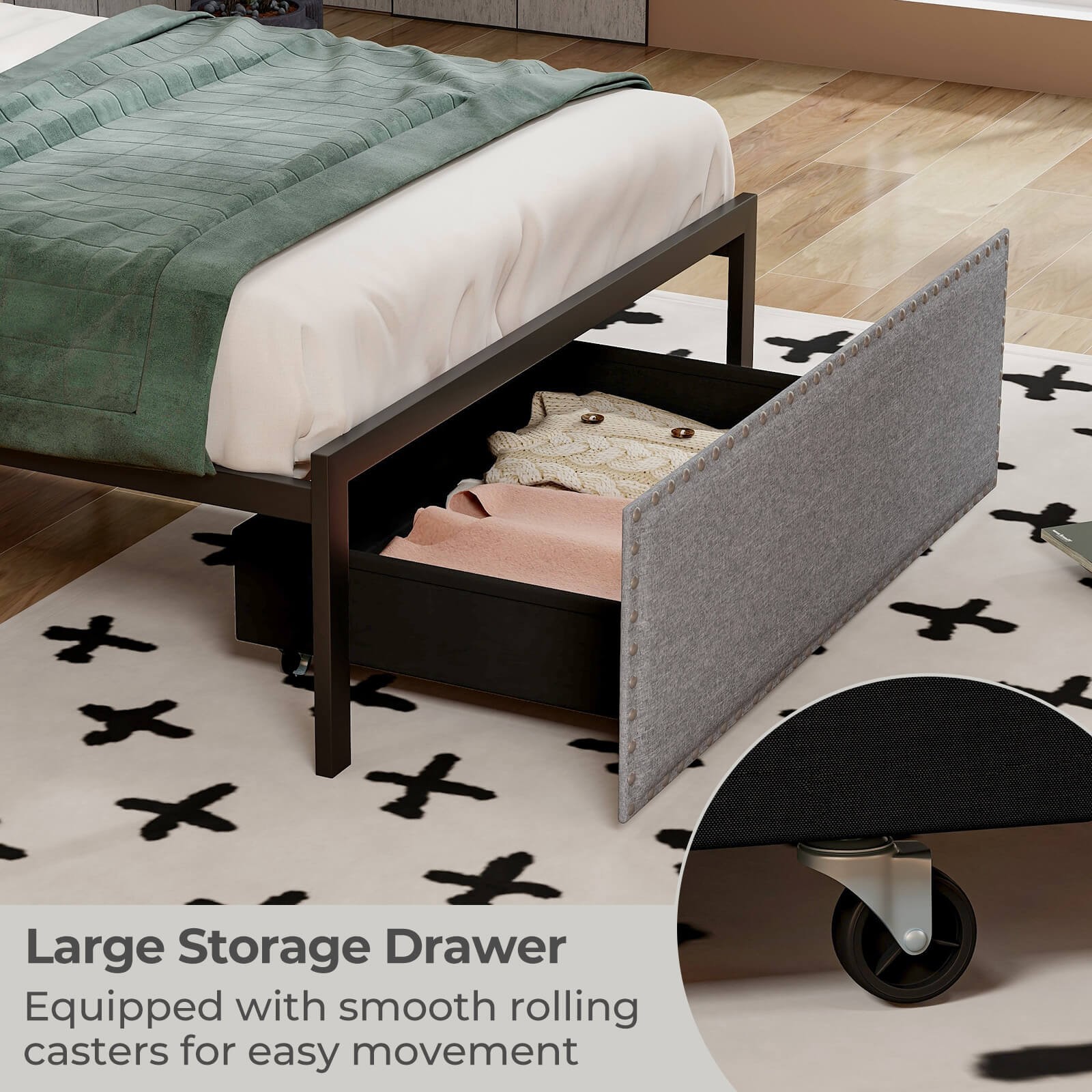 Twin Size Bed Frame with Storage Drawer Metal Platform Bed with LED Lights