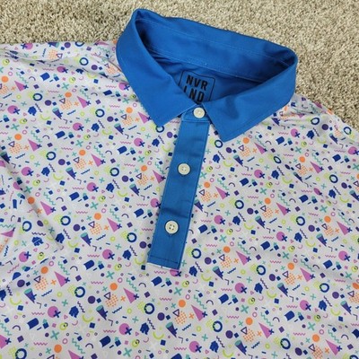 NVR LND Mens XL White AOP Geometric Party Performance Stretch Polo SS