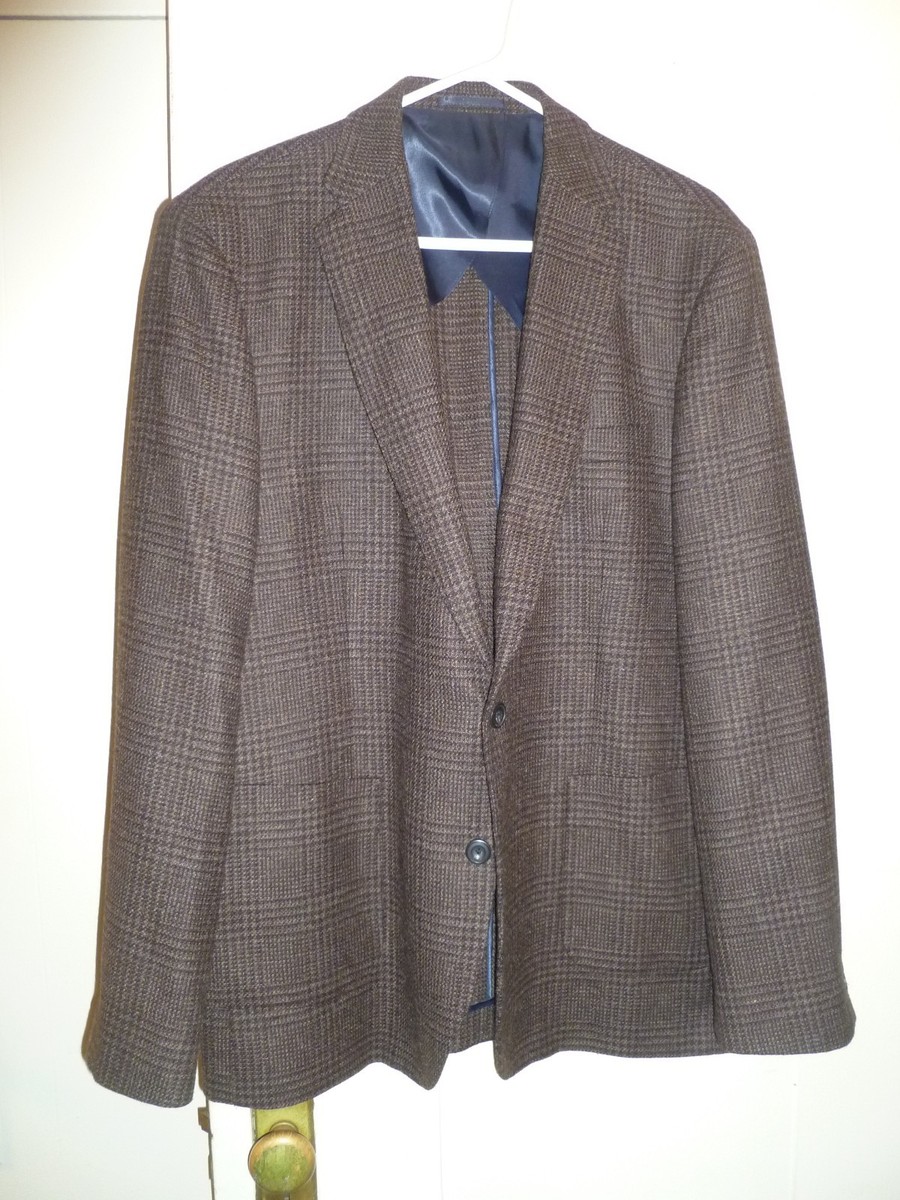 John Lewis Moon Brown Glen Plaid Wool Blend Blazer Jacket, Size 48 R