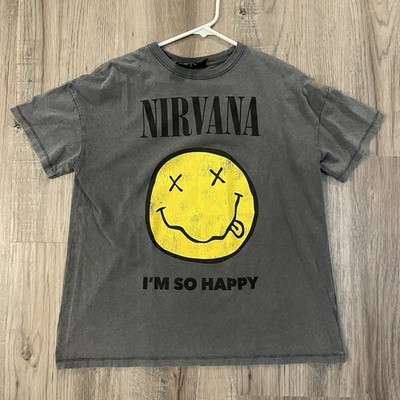 Bershka Nirvana T-shirt  I m So Happy  Distressed Gray Smiley Face Men s XS