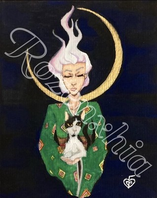 Crescent Moon Cat, Watercolor Art, unframed, original by Rozenxhia