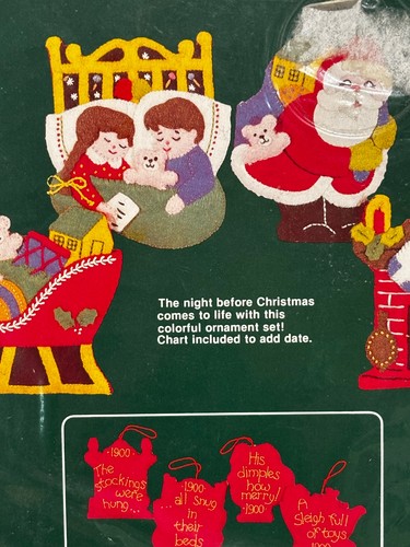 Vintage Dimensiones NOCHE ANTES DE NAVIDAD Fieltro Bordado Adornos Papá Noel Raro - Imagen 5 de 8