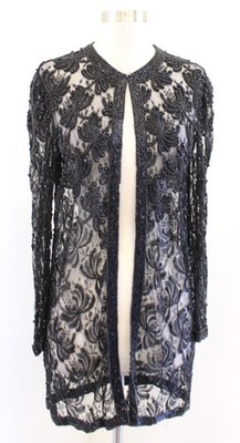 Vtg Scala Black Lace Sequin Beaded Sheer Mesh Lace Evening Formal Jacket Size M