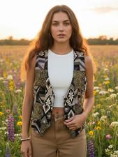 80s 90s Vintage Womens Vest M Patchwork Tapestry Festival Indie Boho Retro Chic