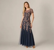 Adrianna Papell Navy Blue Rose Gold Beaded Sequin Floral Godet Gown Size 6 $329