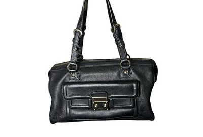 VTG DKNY Pebbled Leather Shoulder Bag Black Gold 14x8 Donna Karan Zip Handbag