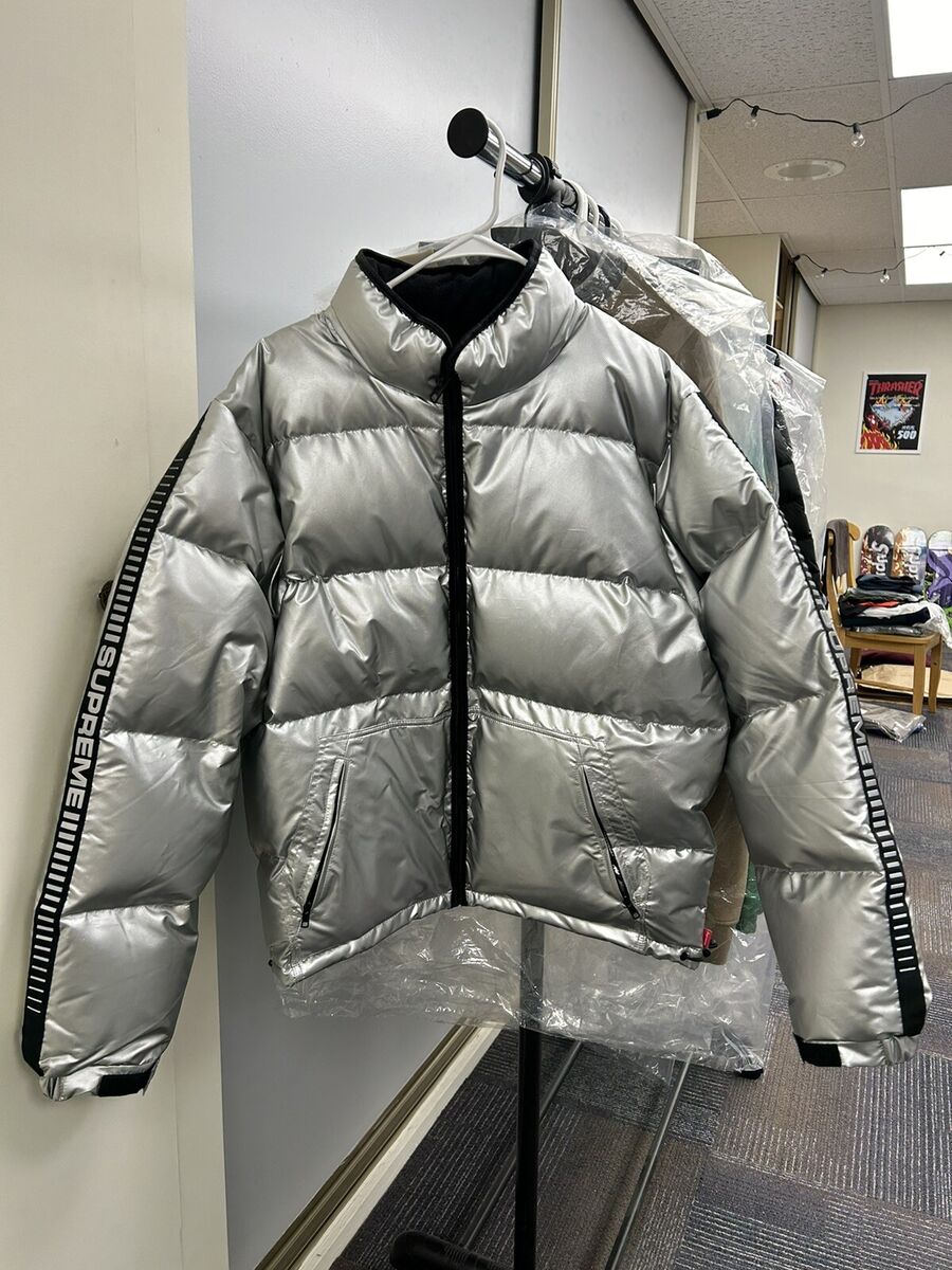 Supreme Reflective Sleeve Logo Puffy Jacket Silver Mens Supreme Reflective Sleeve Logo Puffy Jacket Silver Mens