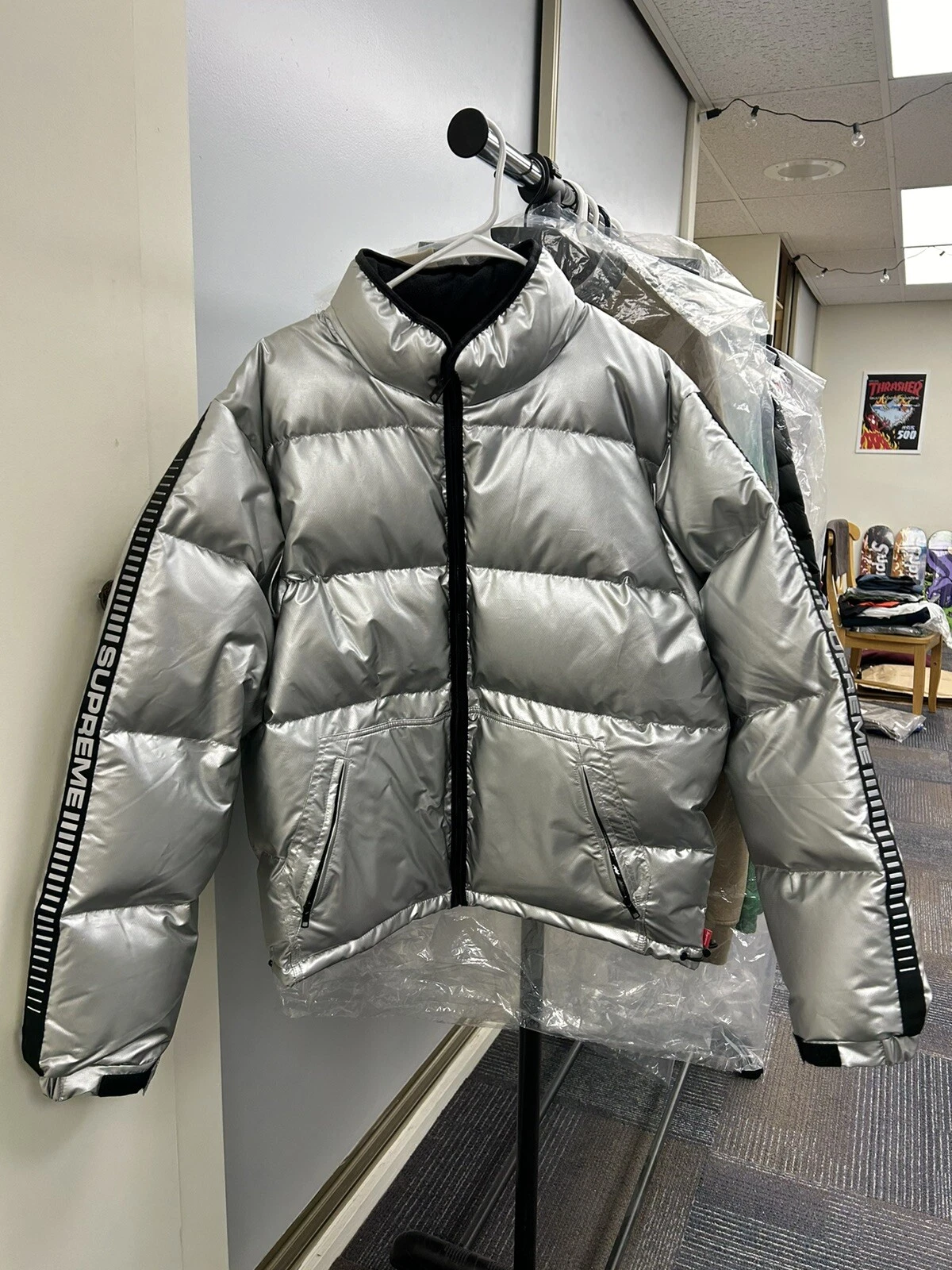 Supreme Reflective Logo Veste Puffy Argent Homme Grande FW17
