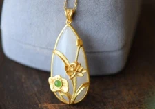 White Jade Lotus Pendant Accessories Jewelry Necklace 925 Silver Women Natural