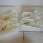 Vintage SNACK SET Golden Wheat Milk Glass 4 cups & 4 serving trays 1950s
