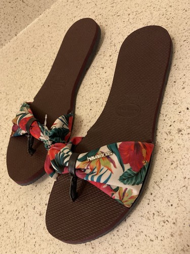 New Havaianas Alpargatas Brown Flip Flops Colorful Plants FlowerSandals Sz 11/12 - Picture 3 of 15