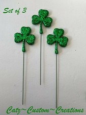 SET/3 ST PATRICKS DAY GLITTER PICKS SHAMROCK FLORAL WREATHS CRAFTS SUPPLY GREEN