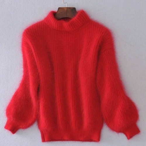 Women Faux Mohair Sweater Puff Sleeve Turtle Neck Fluffy Jumper Warm Pullover - Picture 7 of 23