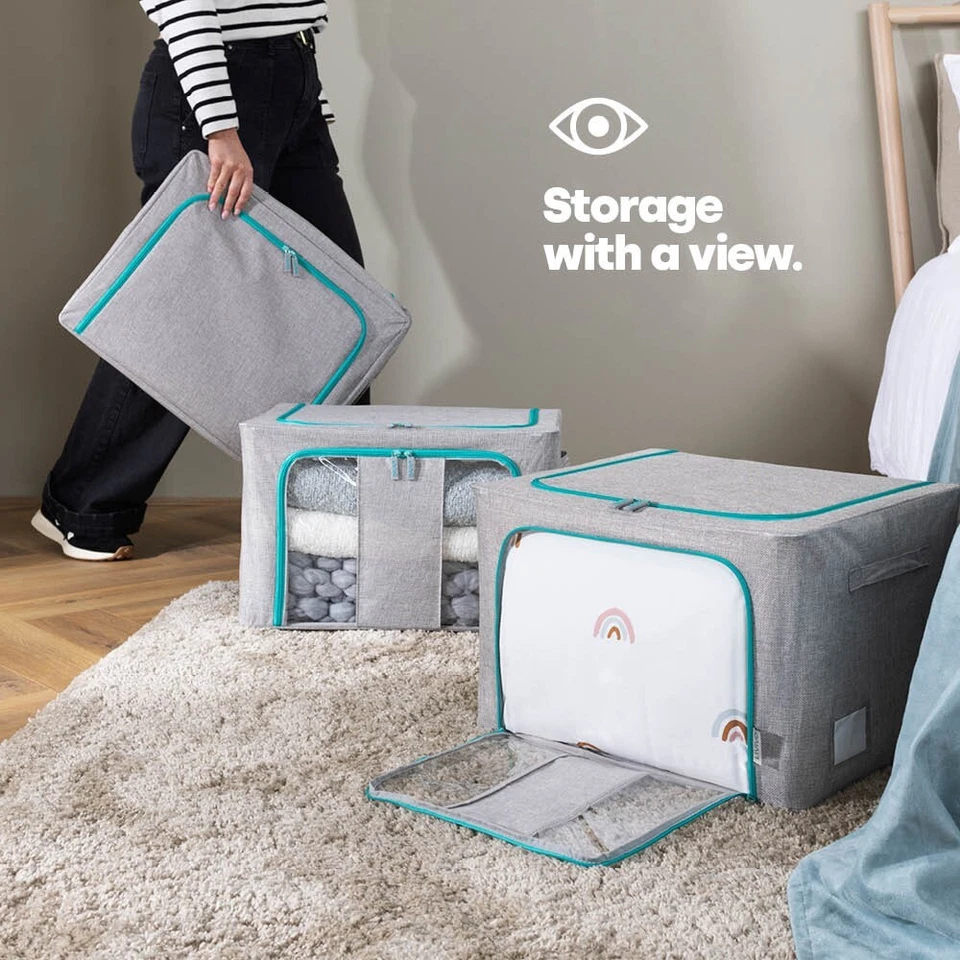 Foldable Clothes Storage Bags Zipped Organizer Wardrobe Closet Boxes Steel Frame - Image 3 of 4