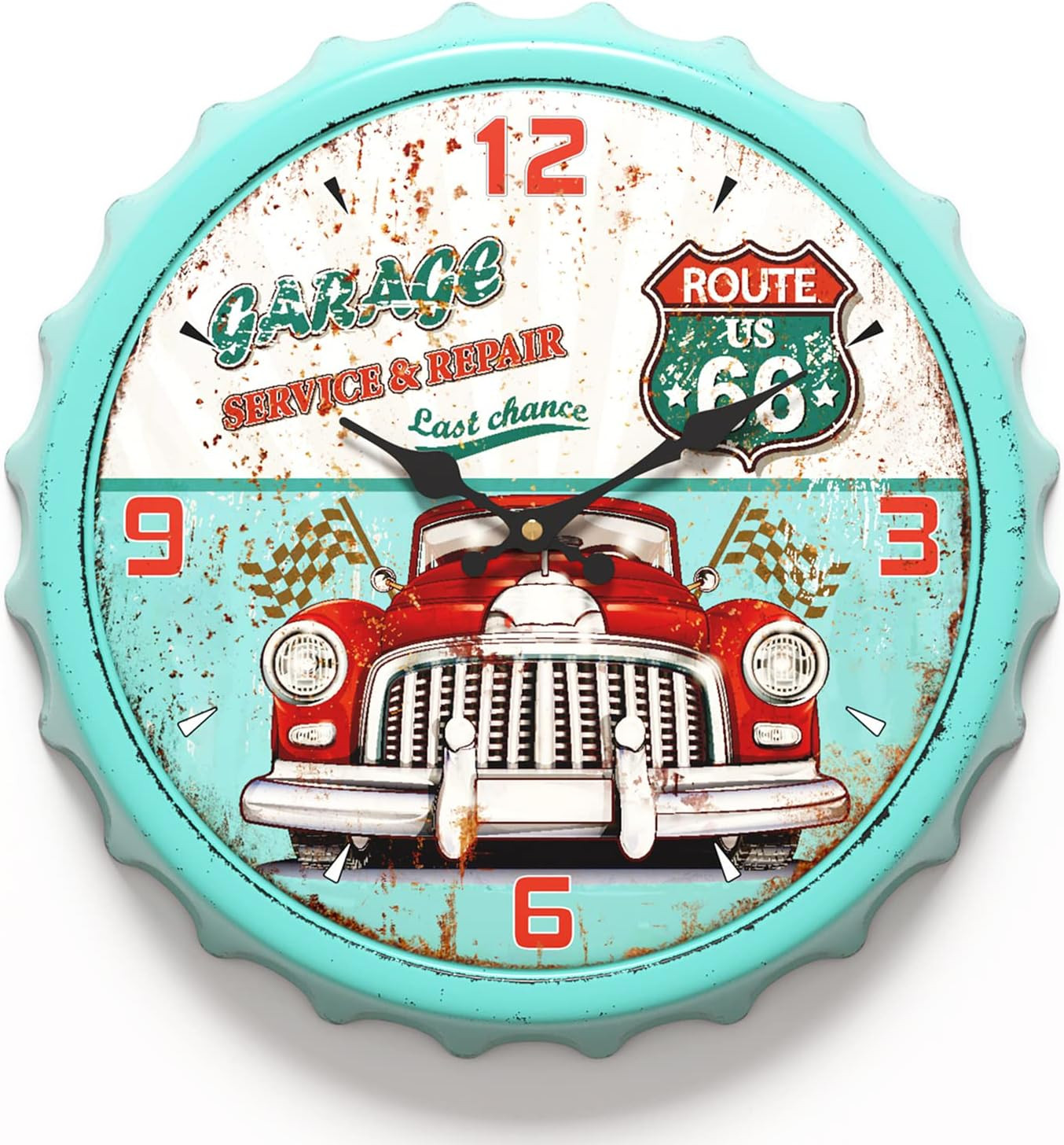 Bottle Cap Design Iron Retro Wall Clock, 13 Inch Vintage Antique Style, Silent B