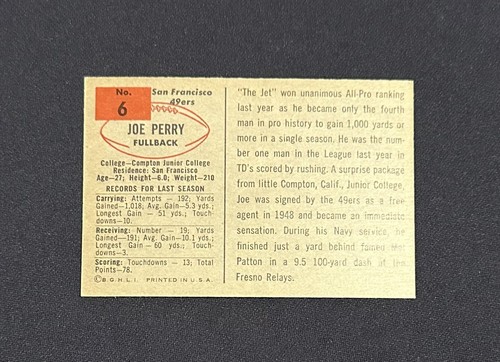 1954 BOWMAN FOOTBALL #6 JOE PERRY HOF 5 EX 49ERS - Picture 2 of 2