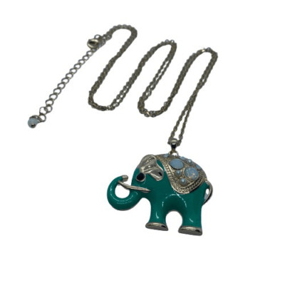 Unique NRO Signed Teal Enamel & Rhinestone Elephant Pendant Necklace