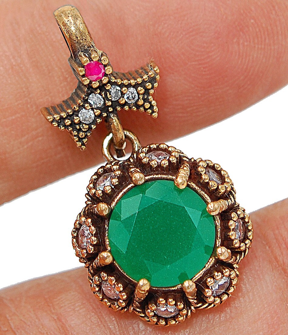 Ottoman Empire Inspired 4CT Emerald 925 Sterling Silver Pendant TC5