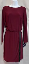 Chaps Red Black waist faux wrap dress  faux leather detail Sz Small NWT!