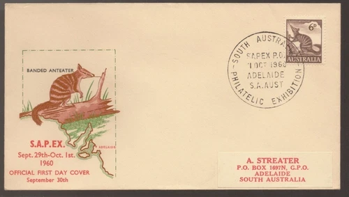 1960 Australia Native Animals Banded Anteater S.A.P.E.X Exhibition FDC