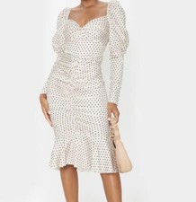 Nude Polka Dot Puff Sleeve Ruched Detail Frill Hem Midi Dress Uk Size 10