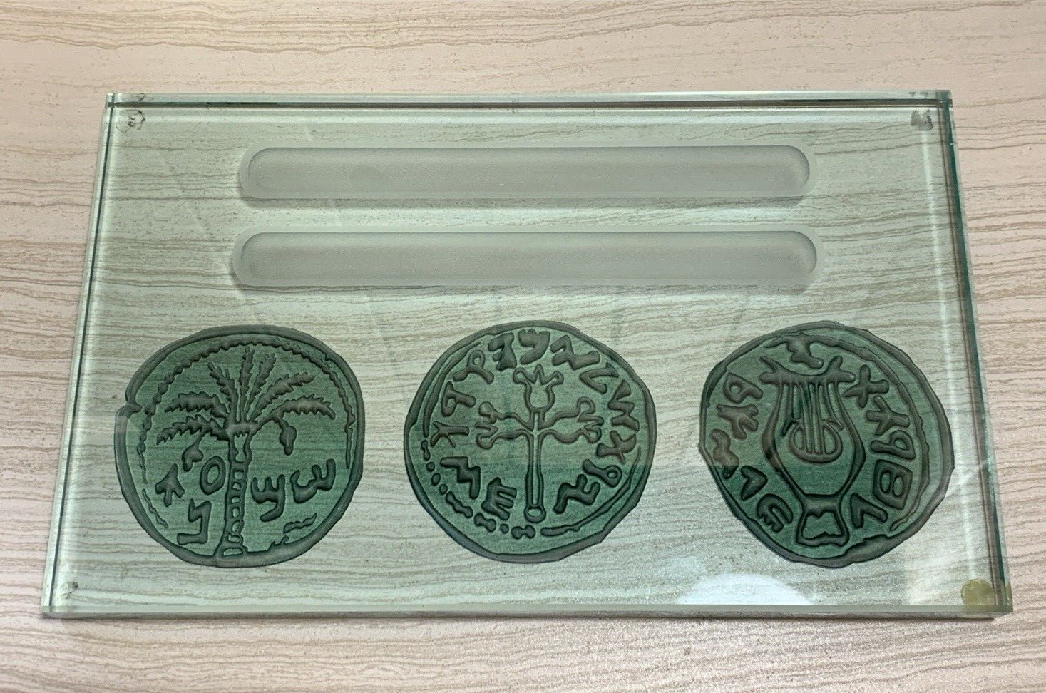 Paperweight Pen Holder with Embedded Coin Designs Heavy Clear Glass