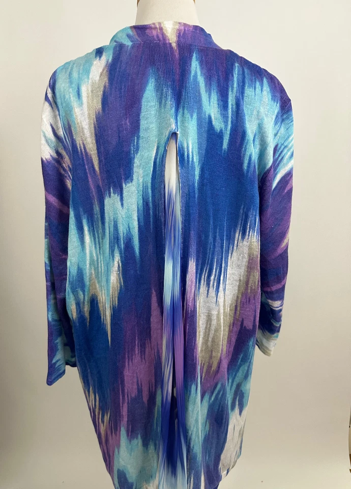 Suéter cardigã aberto CHICO azul Jeanette Zig Zag mistura de linho tamanho 3 feminino GG - Imagem 3 de 4