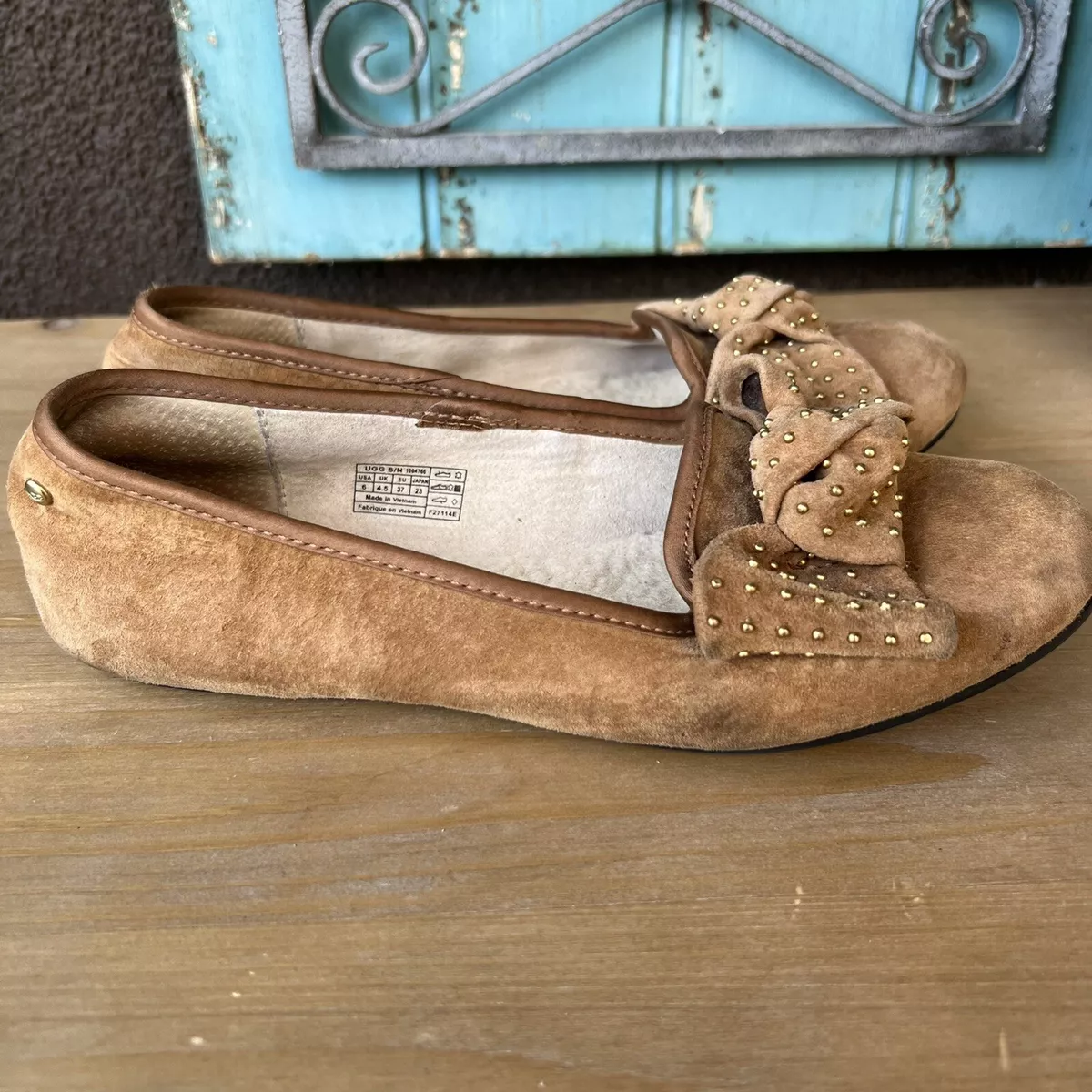 UGG ALLOWAY BROWN SUEDE STUDDED BOW BALLET FLATS SHOES WOMENS U S