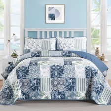 Queen Size Quilts Blue White Patchwork 3-Piece Summer Bedspread Bedding Set