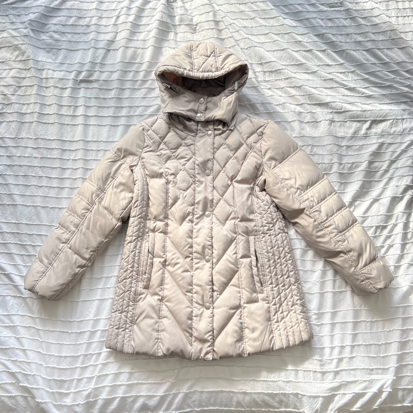 London Fog Women's L Diamond Quilted Down Hooded Puffer Coat Jacket Taupe Beige